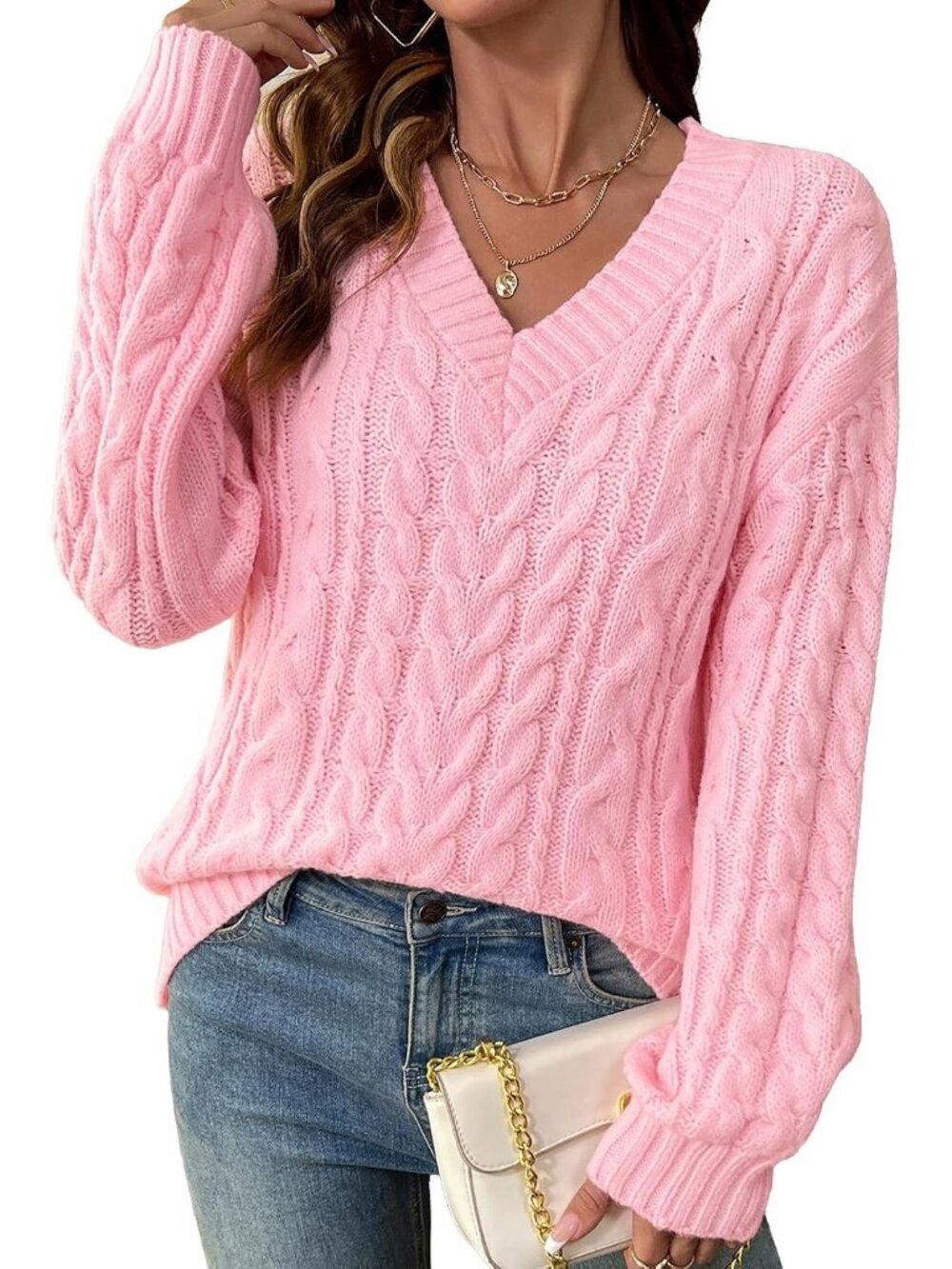Women's Pink Lightweight V Neck Cable Knit Sweater Fall Outfits Sweaters